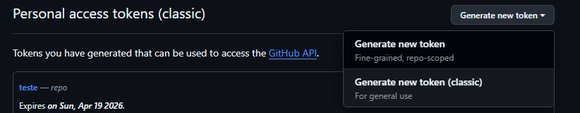 Selecionando Generate new token Classic no GitHub