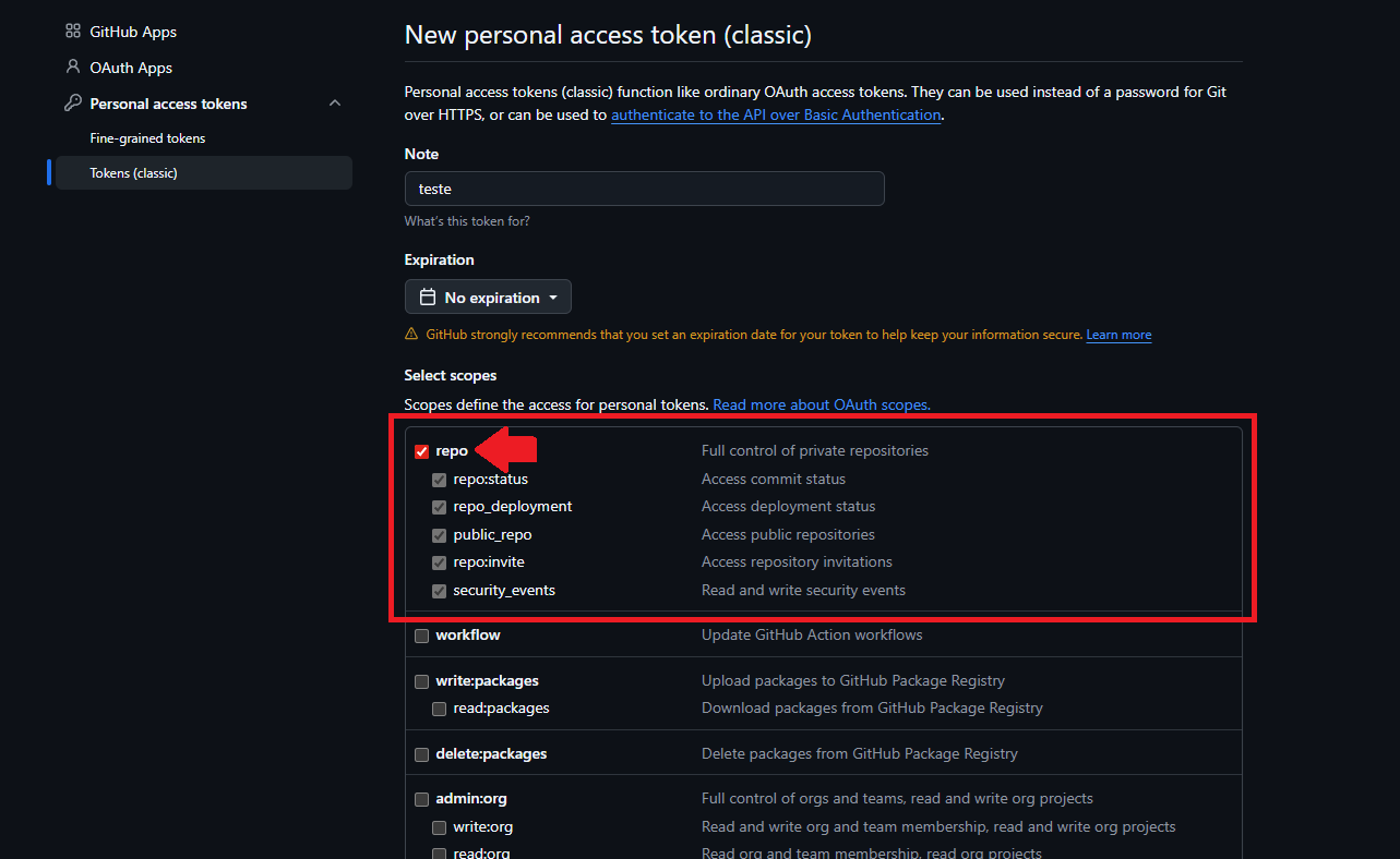 Marcando a permissão repo no token